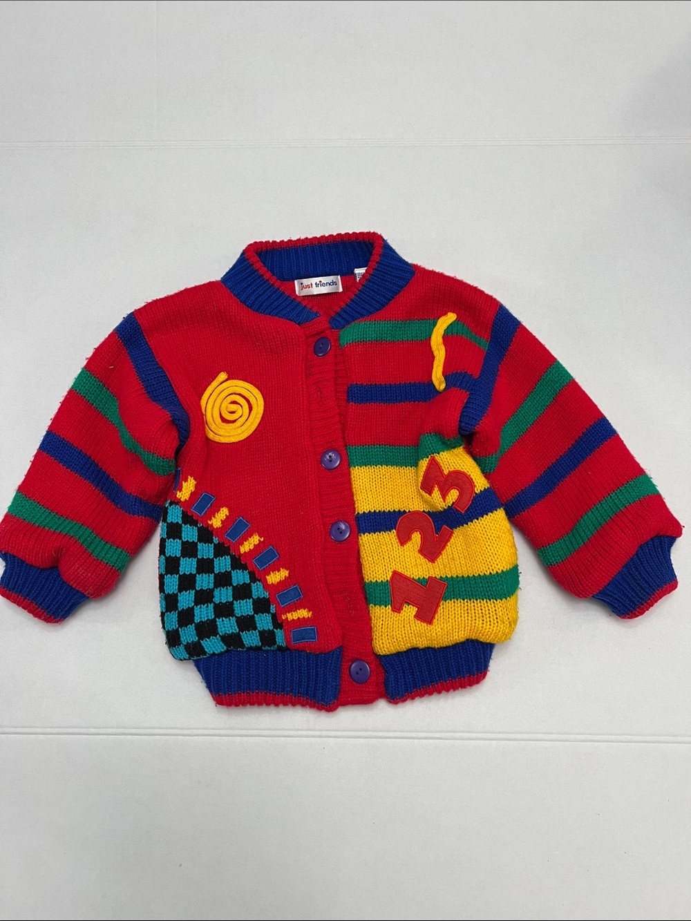 VTG 80s 90s Just Friends Colorblock kidcore Novelty Cardigan Sweater Size 3T